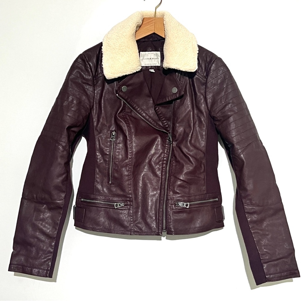 Lucky Brand Burgundy Vegan Leather Moto Jacket